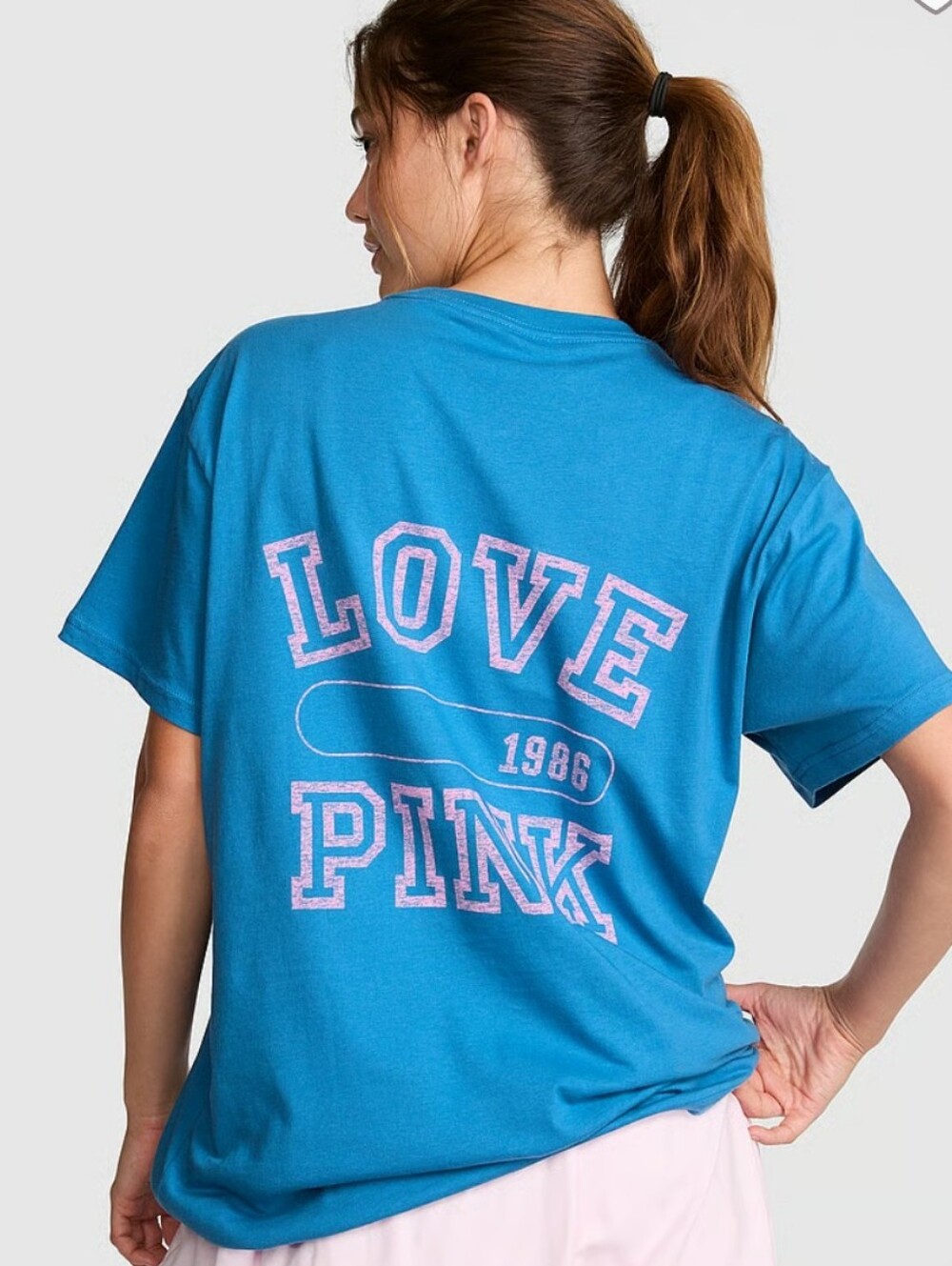 PINK Victoria's Secret VARSITY BLUE Logo Campus T Shirt NEW XXS MSRP $36.95
